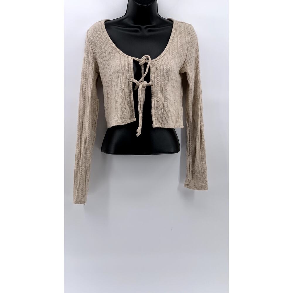 URBAN VINE Women's Beige Open Front Tie Long Sleeve Crop Top SZ L